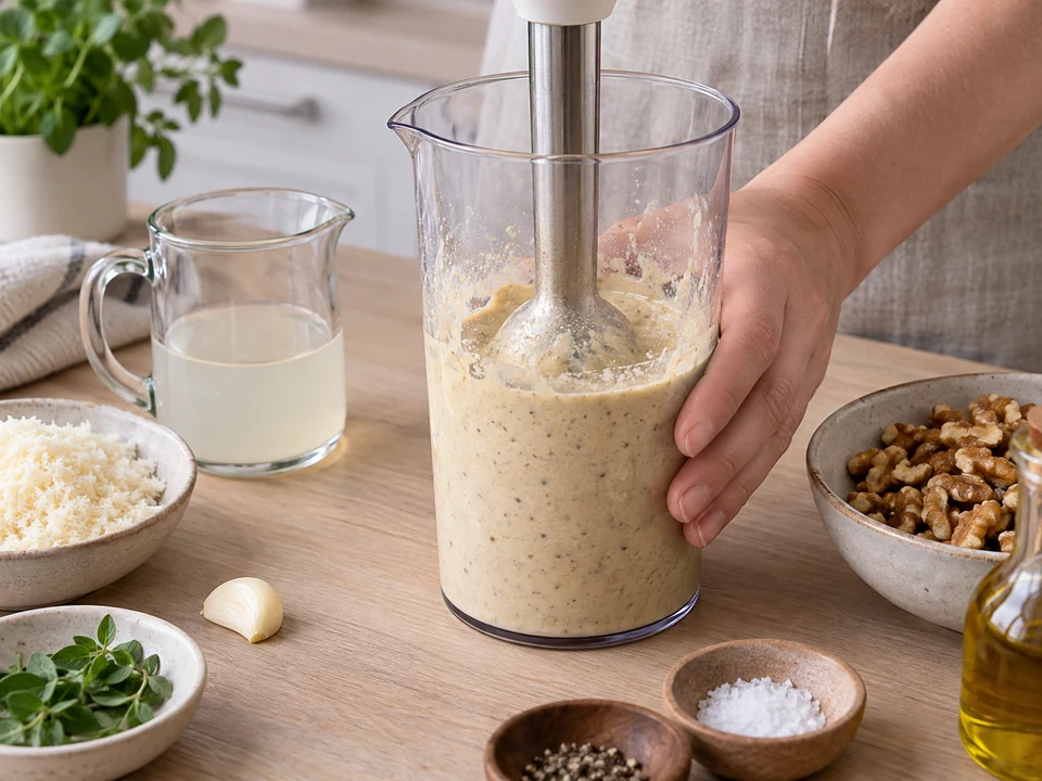 Die Walnuss-Brot-Mischung zur weichen Sauce pürieren