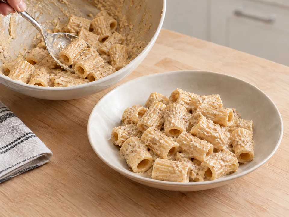 Pasta mit der gesamten Walnusssauce servieren
