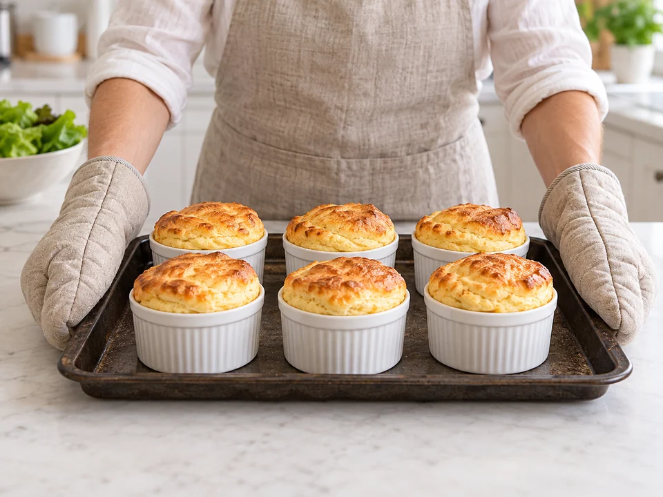 Soufflés vollständig backen und Salat mischen