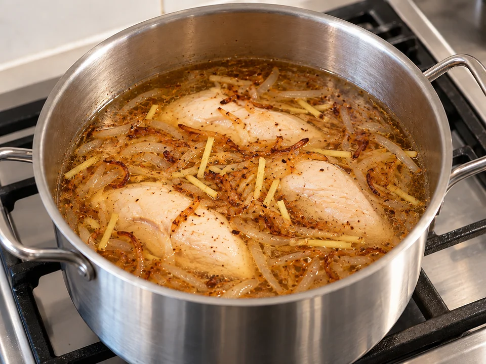 Brühe würzen und Hähnchen garen