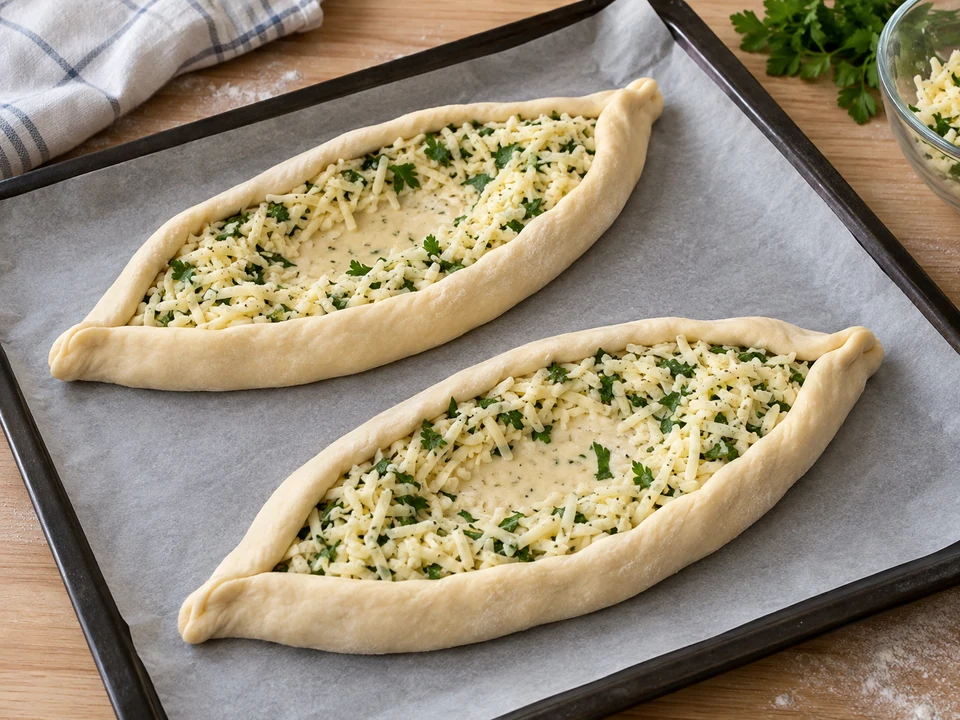 Teigboote formen und Käse mit einer Mulde einfüllen.