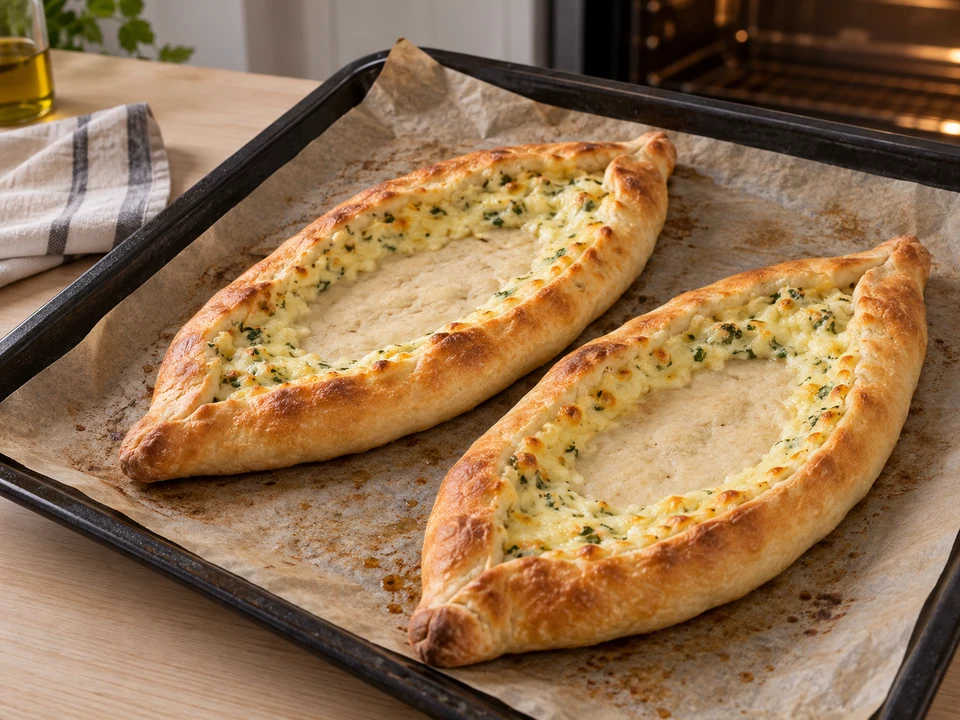 Pide mit Käse zuerst ohne Ei vorbacken.
