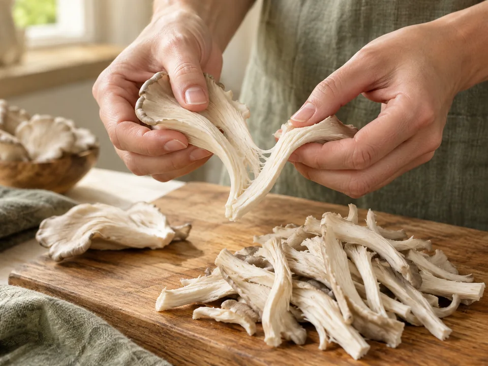 Austernpilze entlang ihrer Fasern in Streifen zupfen; so entsteht die typische Struktur des Pilz-Gyros.