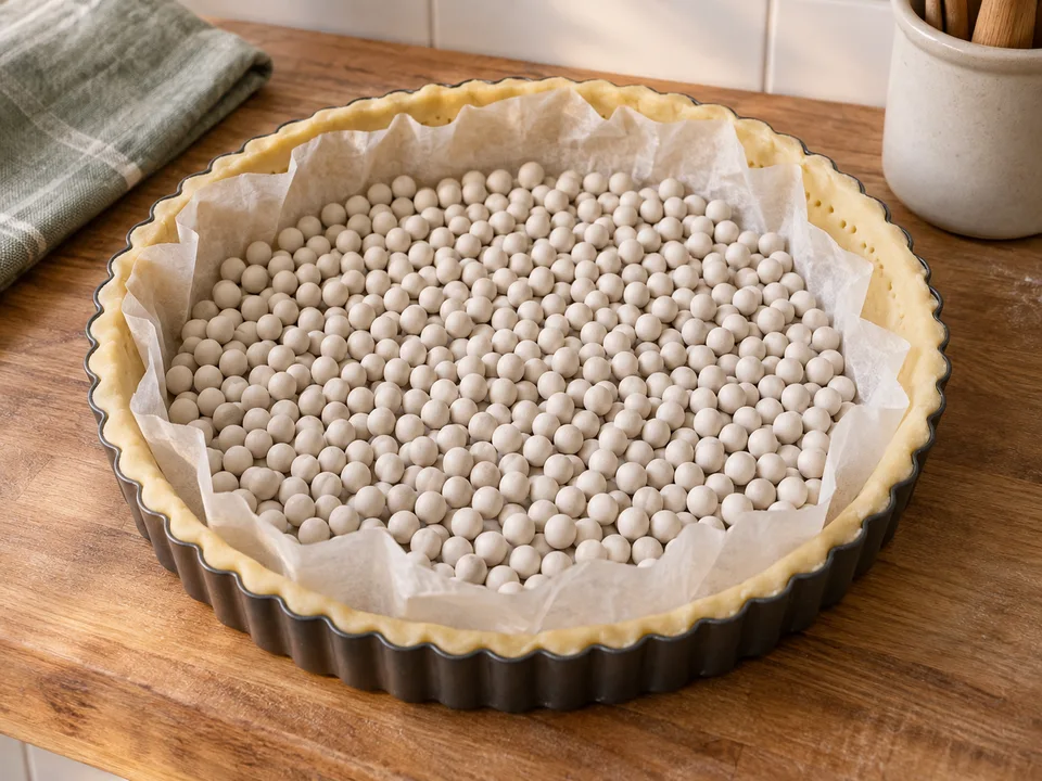 Den Teigboden einstechen und mit Backpapier samt Blindbackgewichten belegen. Nach dem ersten Backen werden Papier und Gewichte entfernt.
