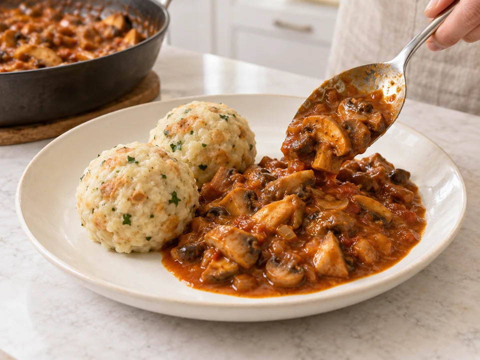 Gulasch binden und vollständig anrichten