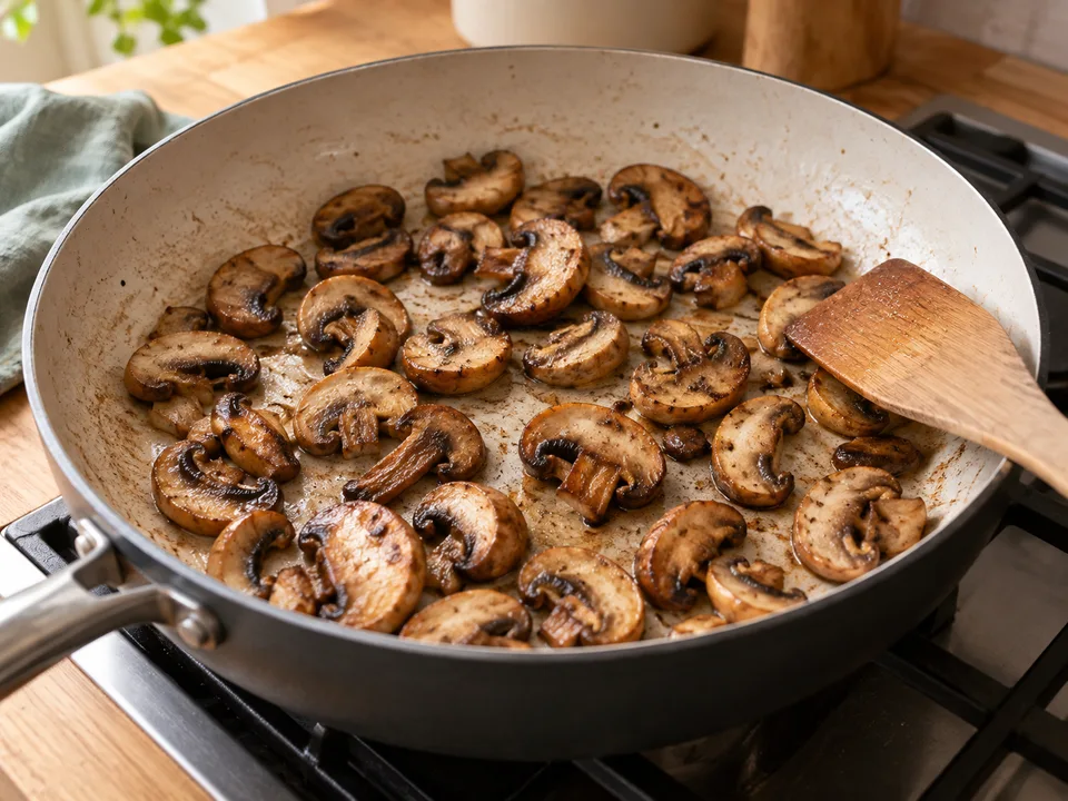 Die Champignons portionsweise kräftig braten, bis ihre Flüssigkeit verdampft ist. Erst zum Schluss die Petersilie unterheben.