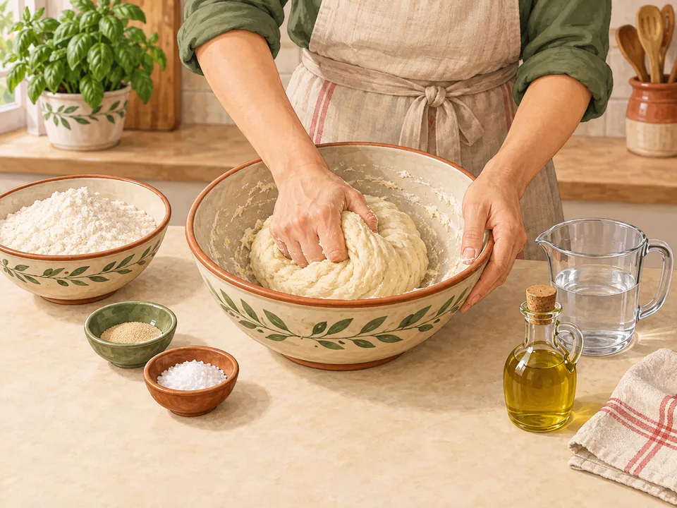 Die Zutaten von Hand zu einem Pizzateig kneten.
