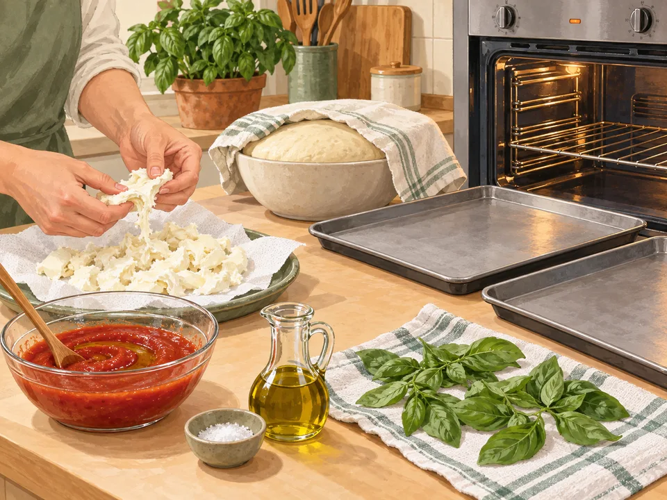 Tomatensauce und Mozzarella für den Belag vorbereiten.