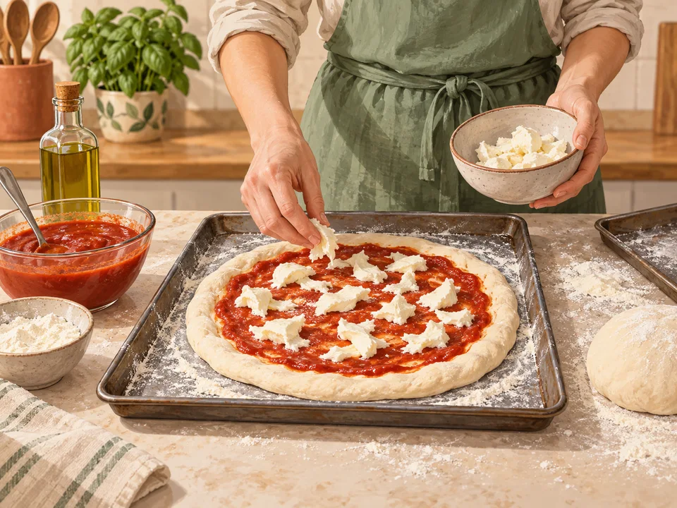 Den Pizzateig formen und mit Tomatensauce und Mozzarella belegen.