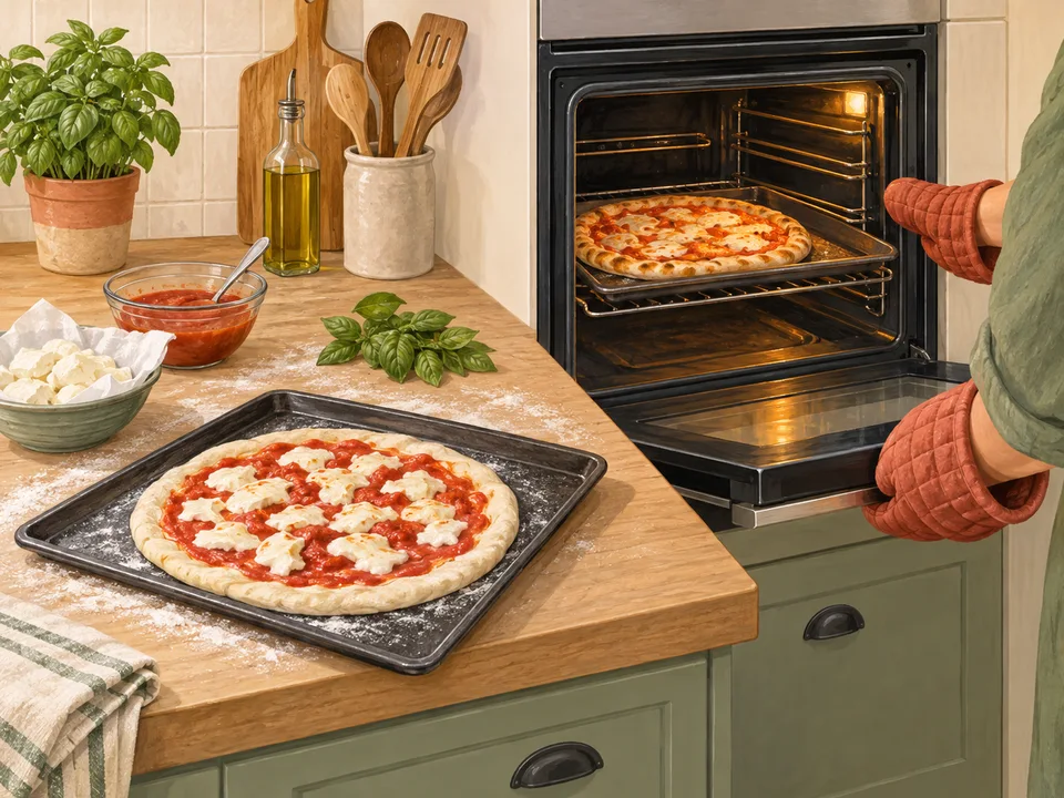 Die Pizza im heißen Ofen backen.