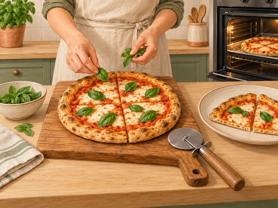 Die gebackene Pizza mit Basilikum belegen und in Stücke schneiden.