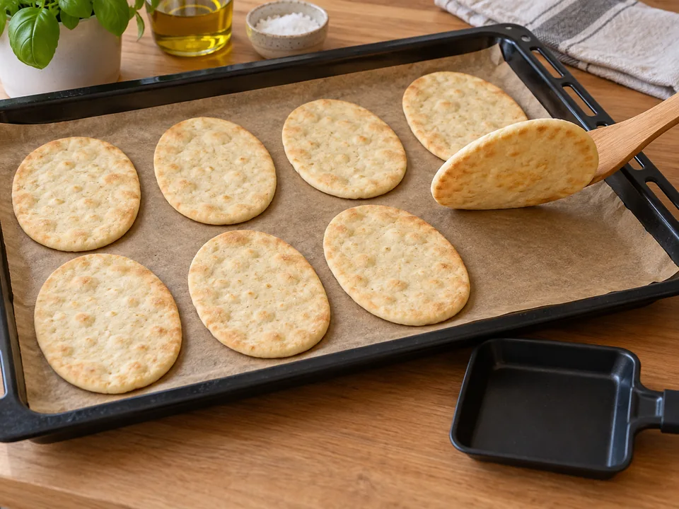 Die kleinen Pizzaböden vorbacken, bis sie auf beiden Seiten trocken und stabil sind; erst danach belegen.