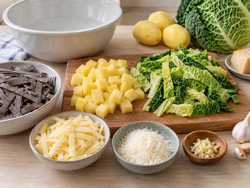 Wirsing, Kartoffeln und Käse vorbereiten