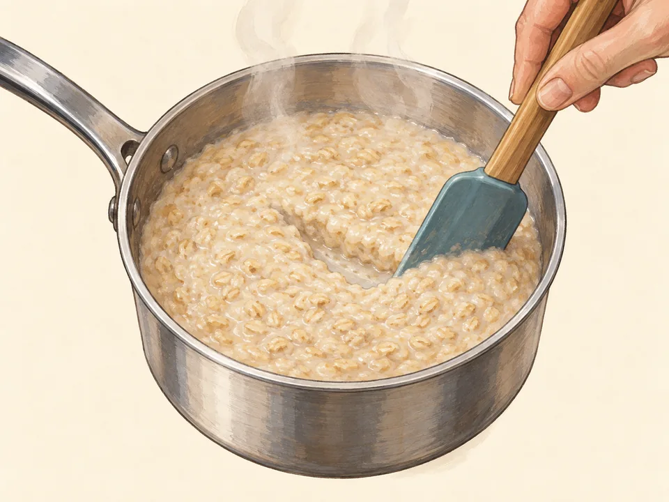 Bei kleiner Hitze rühren, bis die Flocken weich sind und das Porridge noch cremig vom Löffel fließt.