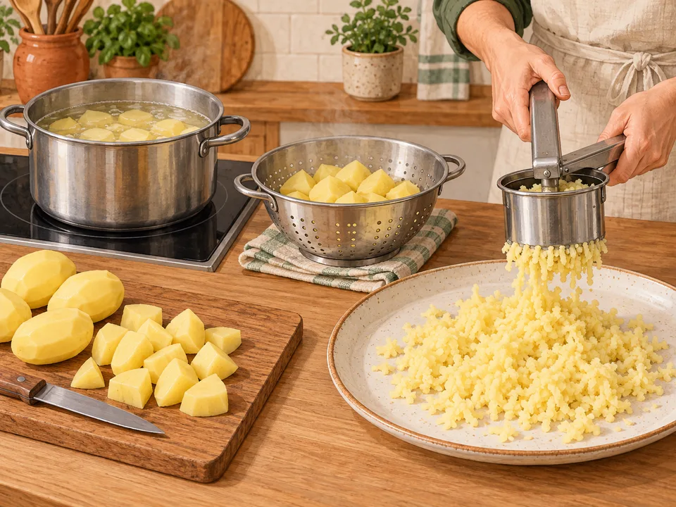 Die gekochten Kartoffeln durch eine Kartoffelpresse drücken.
