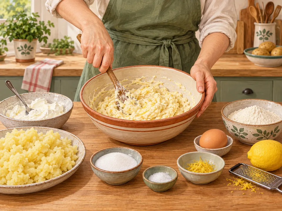 Kartoffeln, Quark und die übrigen Teigzutaten vermischen.