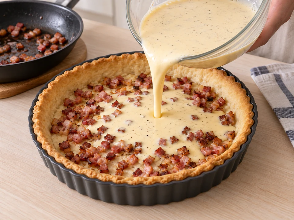Speck und Eier-Sahne-Guss auf den Boden geben.