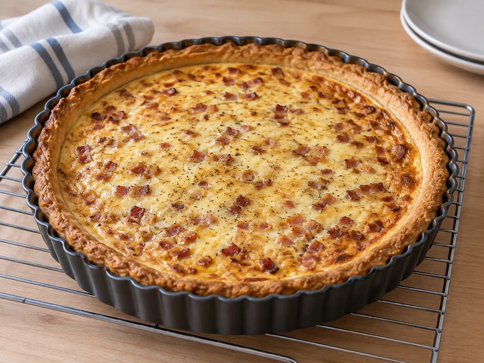 Quiche backen, bis der Guss gestockt ist.