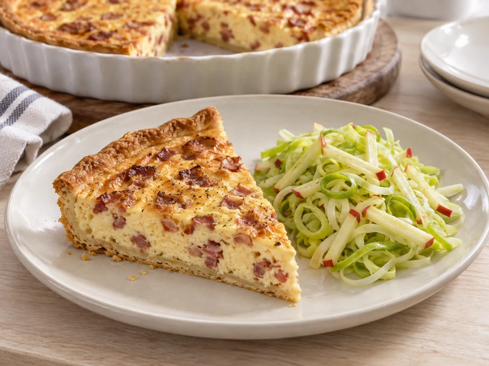 Ein Quichestück mit Lauch-Apfel-Salat anrichten.