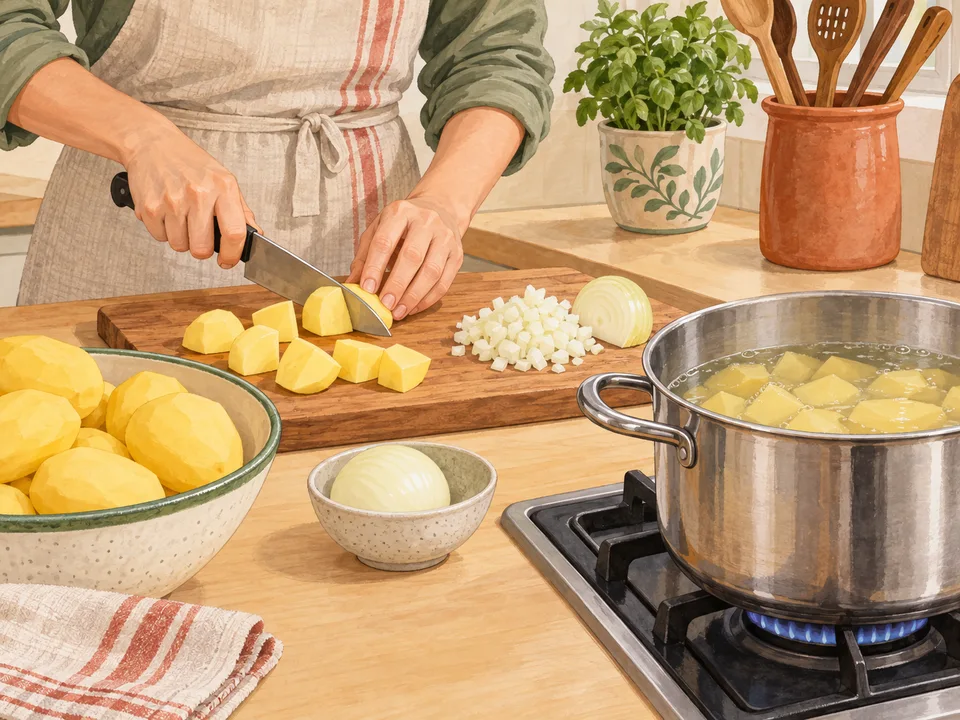 Kartoffeln in Stücke und die Zwiebel klein schneiden.