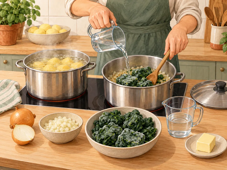 Gefrorenen Blattspinat mit Zwiebel und Wasser im Topf erhitzen.