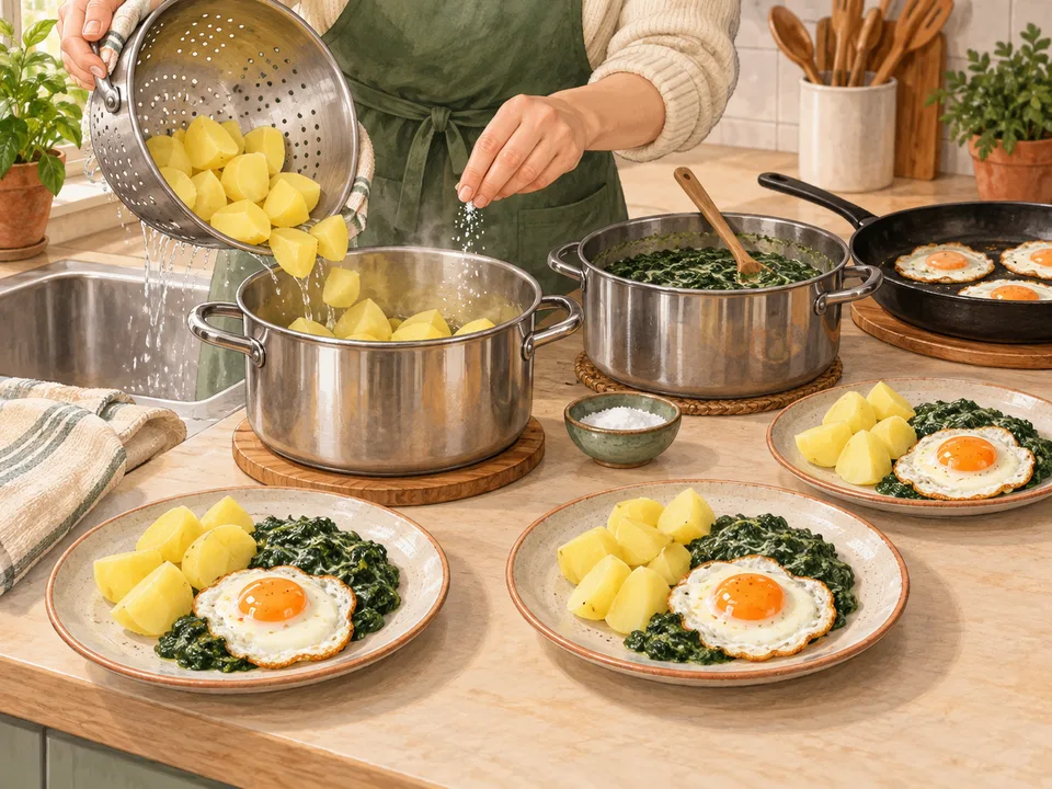 Die Kartoffeln abgießen und mit Rahmspinat und Spiegelei anrichten.