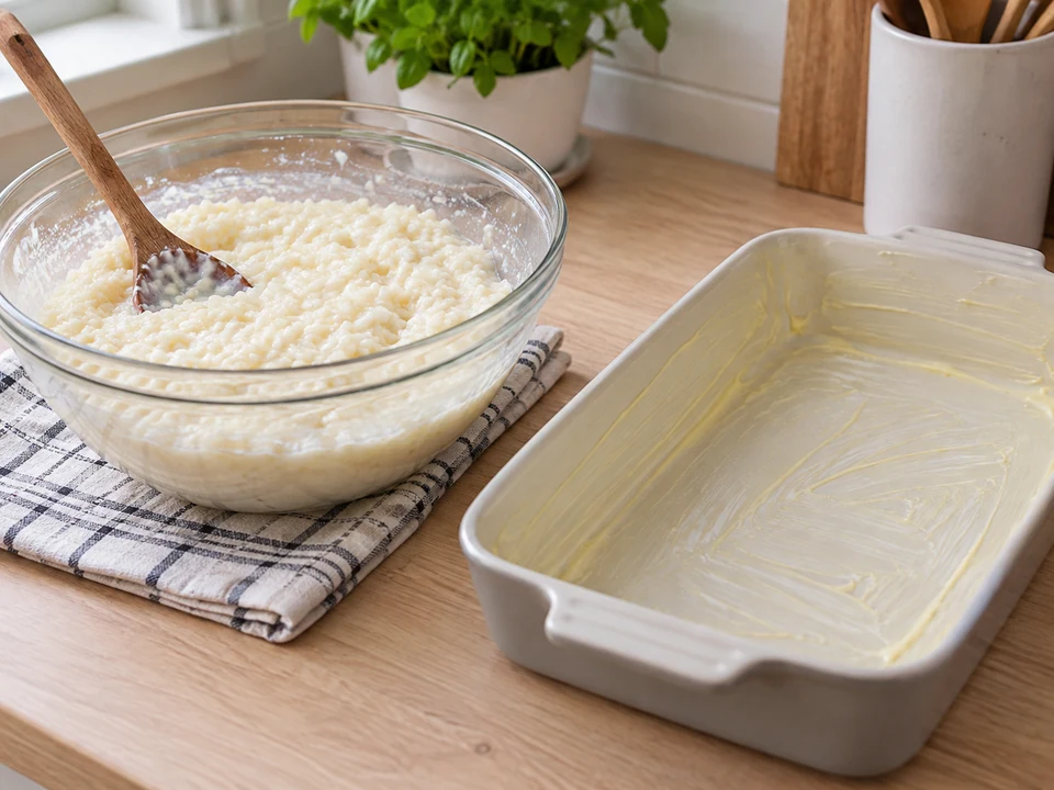 Milchreis handwarm abkühlen und die Form fetten.