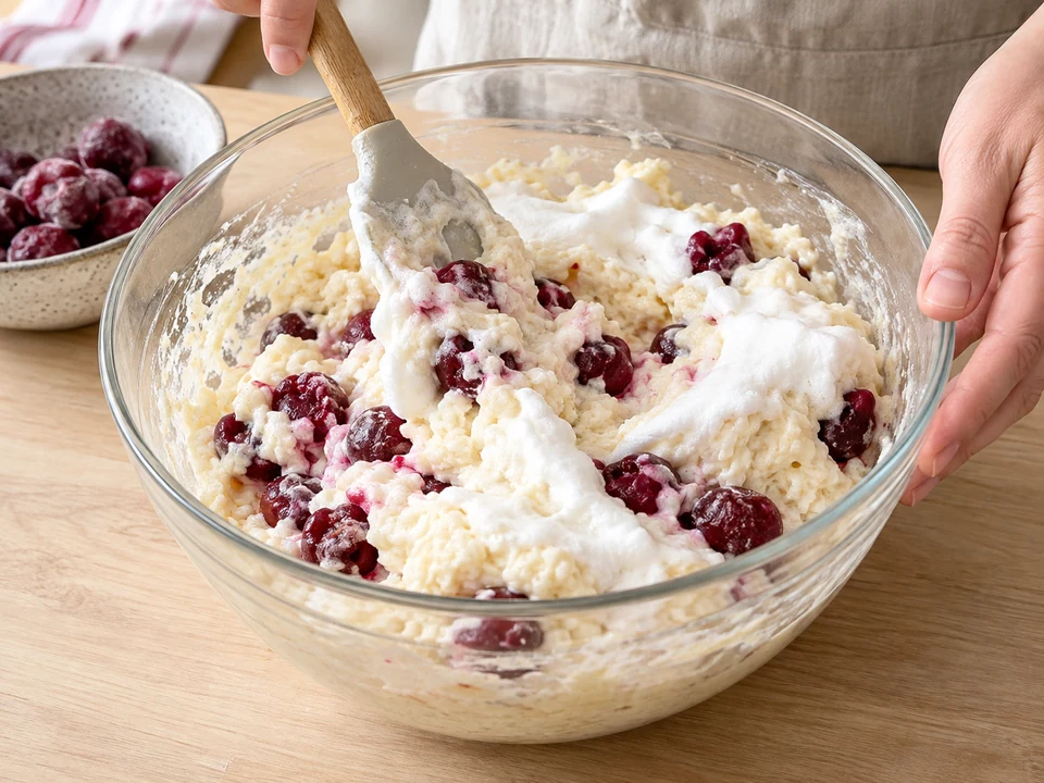 Eischnee und gefrorene Sauerkirschen vorsichtig unterheben.