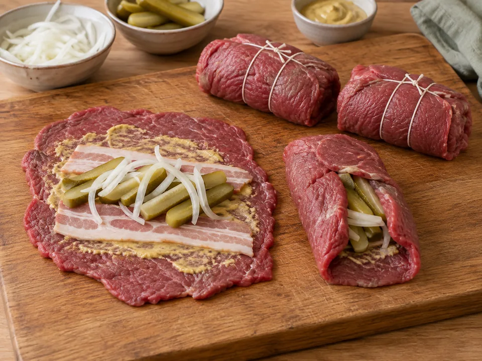 Die Seiten leicht einschlagen, das belegte Fleisch straff aufrollen und mit Küchengarn binden. Füllung und Fleisch bleiben auf einem eigenen Brett.