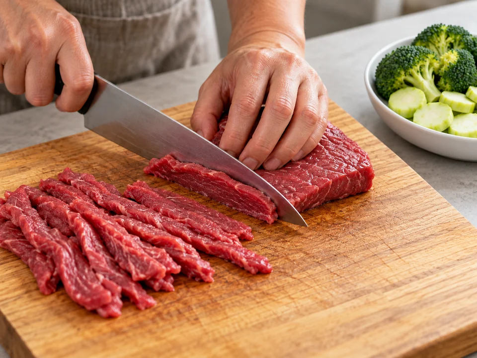 Rohes Rindfleisch quer zur Faser in dünne Streifen schneiden; geputzte Brokkoliröschen und dünne geschälte Stielscheiben liegen separat bereit.