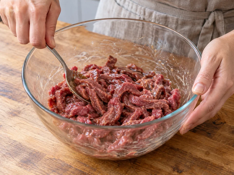 Rohe dünne Rinderstreifen mit Sojasauce und Stärke-Wasser-Marinade mischen.