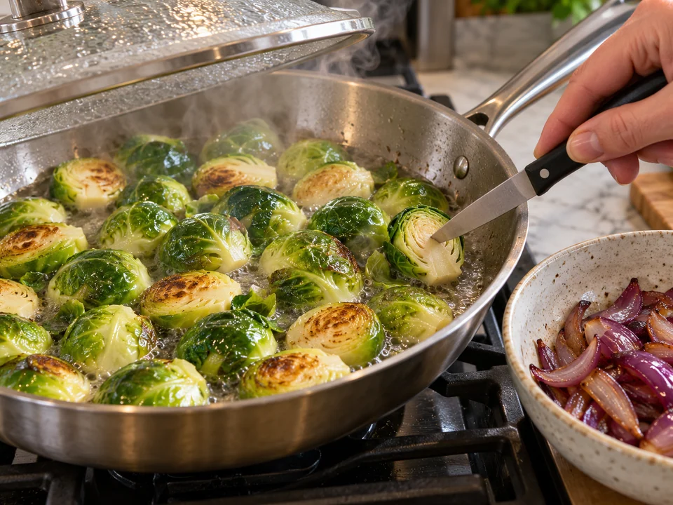 Zwiebeln und Rosenkohl vorgaren