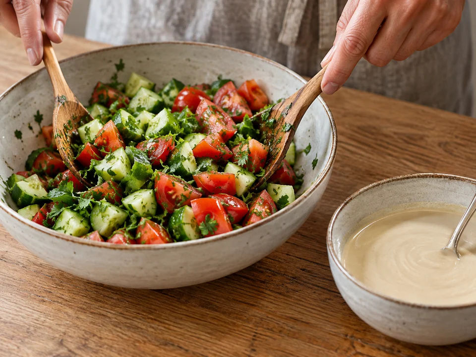 Salat und Tahinsauce mischen