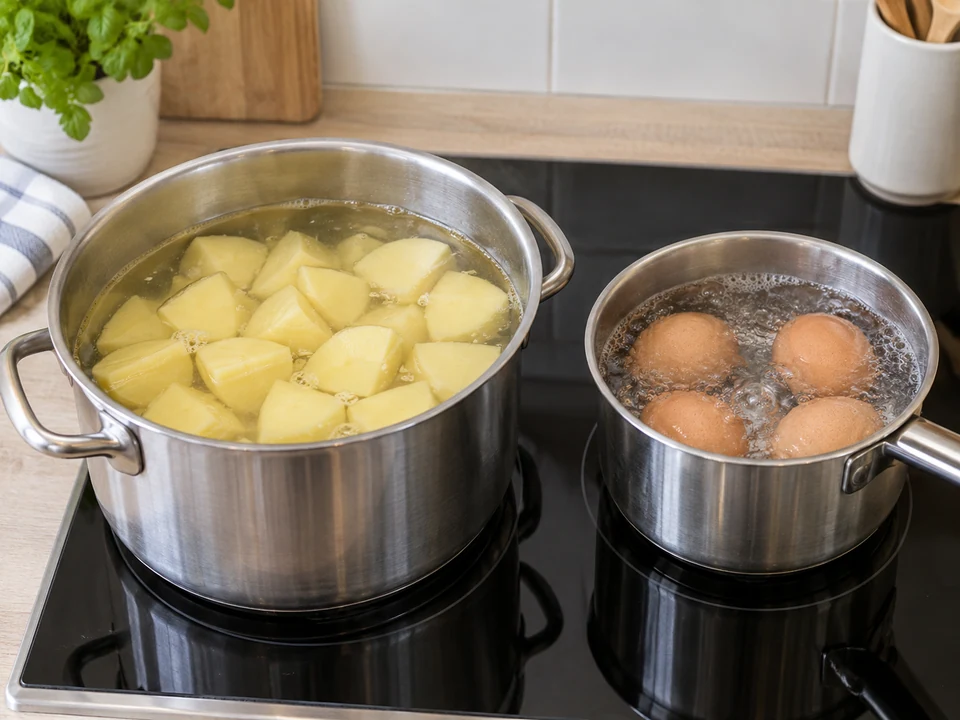 Kartoffeln und Eier in getrennten Töpfen garen.