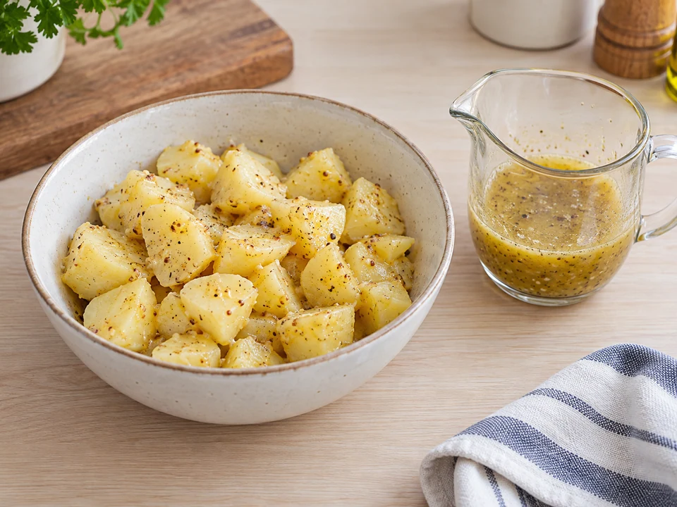 Kartoffeln mit einem Teil des Dressings mischen.