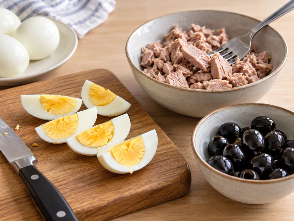 Eier vierteln und Thunfisch grob zerteilen.