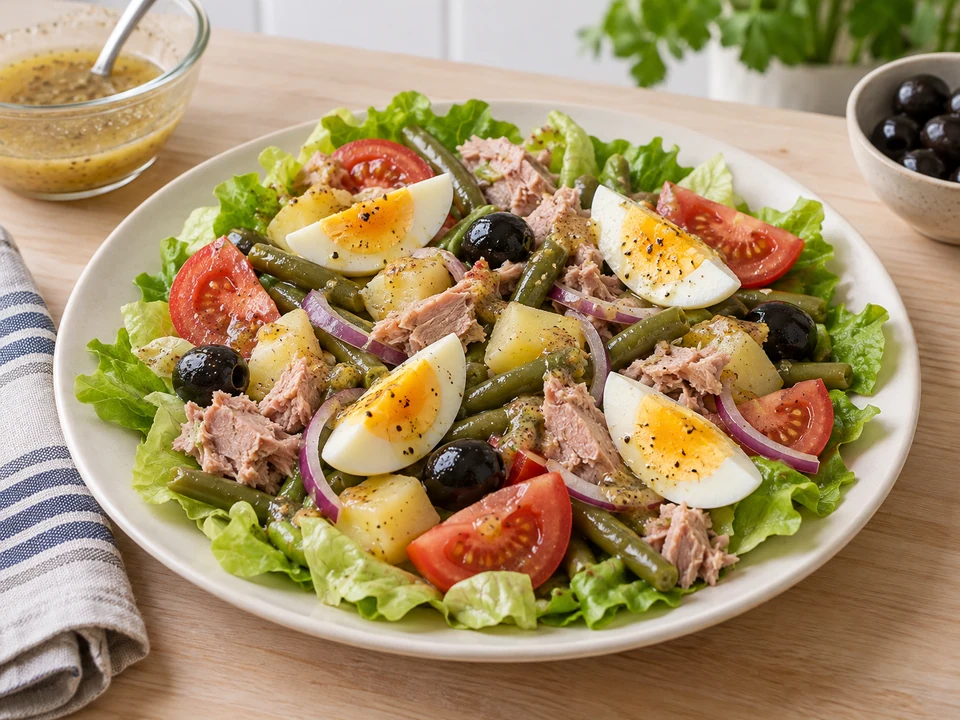 Salatzutaten und vier Eierviertel pro Portion anrichten.