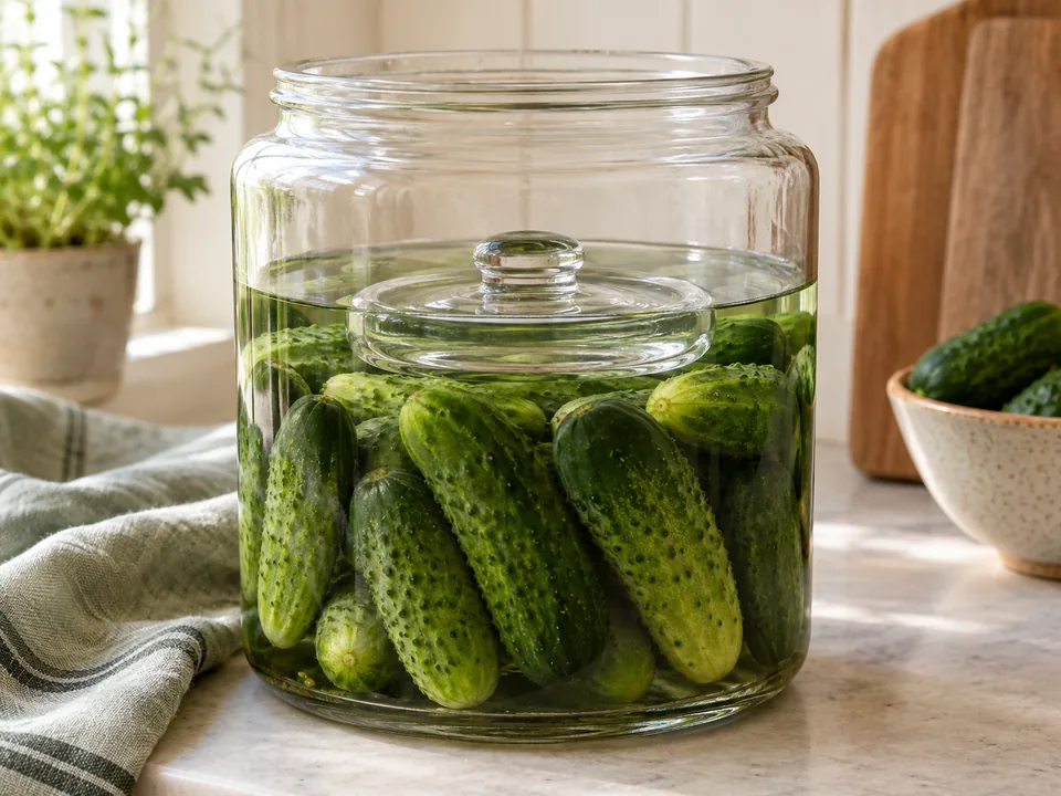 Ein passendes Fermentiergewicht hält alle Gurken und Gewürze vollständig unter der Lake.