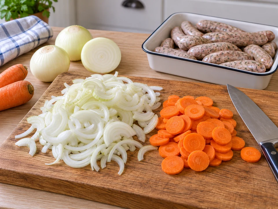 Zwiebeln und Möhre dünn schneiden.