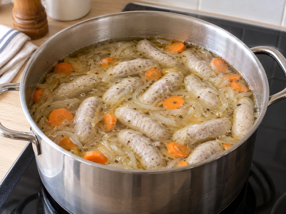 Die kleinen Bratwürste behutsam im heißen Sud garen.