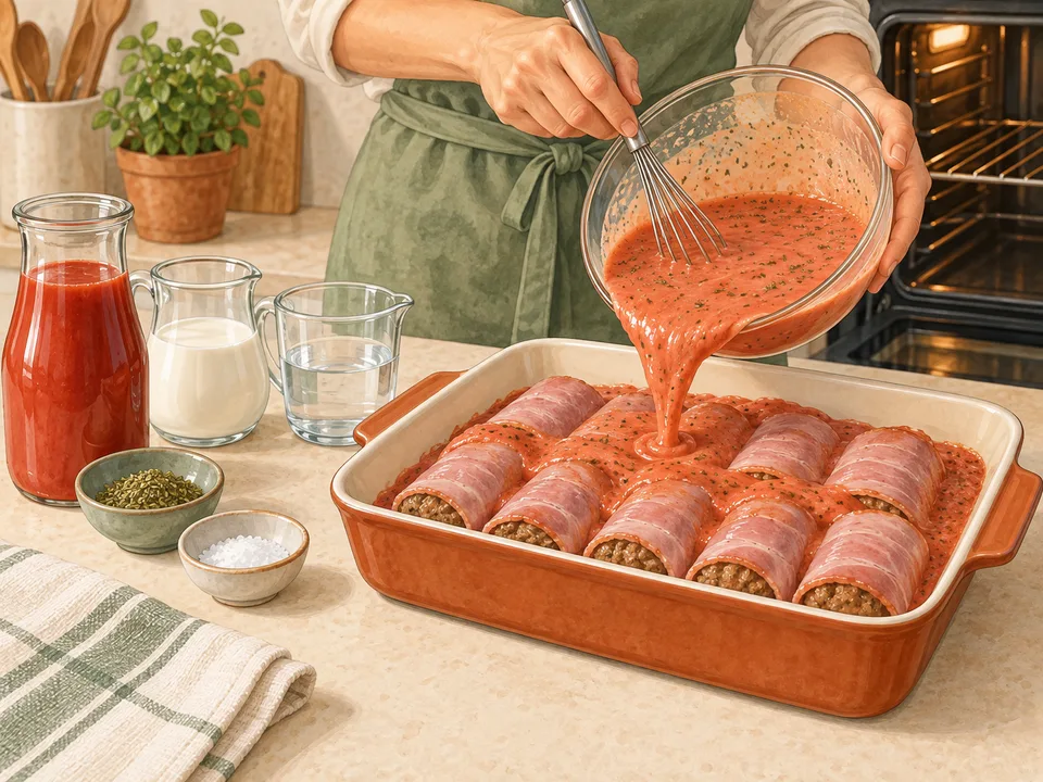 Die Röllchen mit Sauce in der Auflaufform backen.