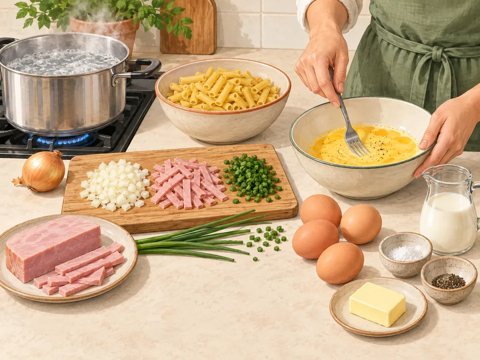 Schinken, Zwiebel, Eier und Schnittlauch vorbereiten.