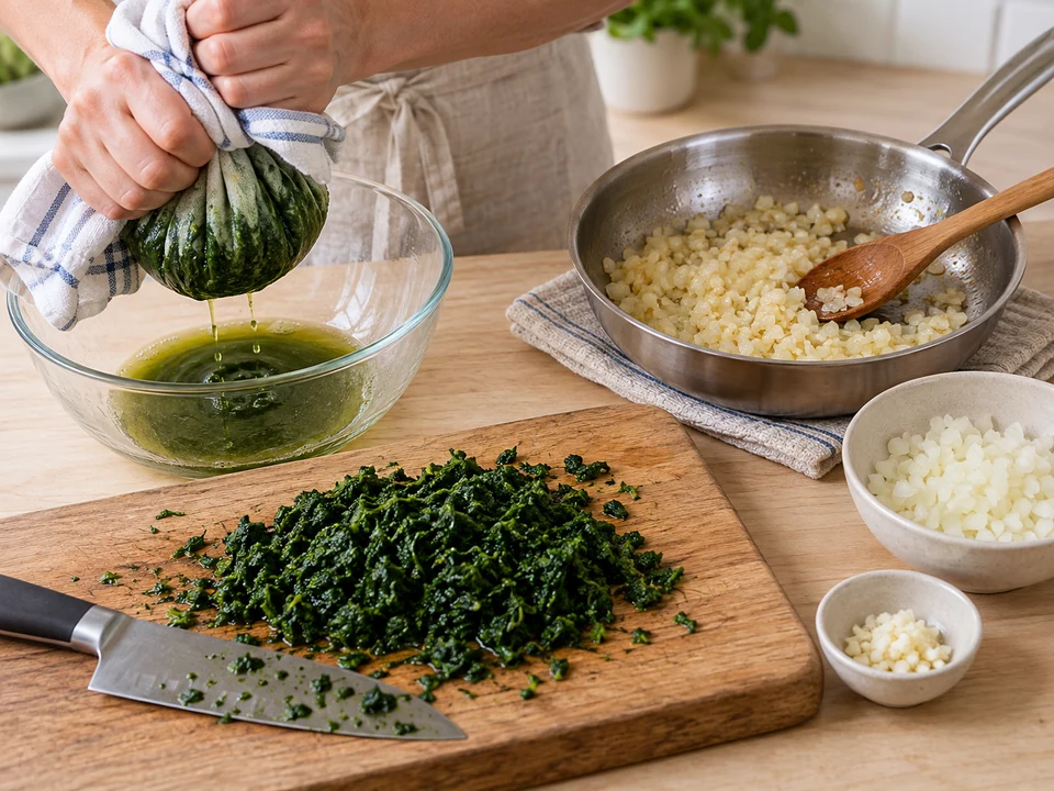 Gegarten Spinat ausdrücken und fein hacken