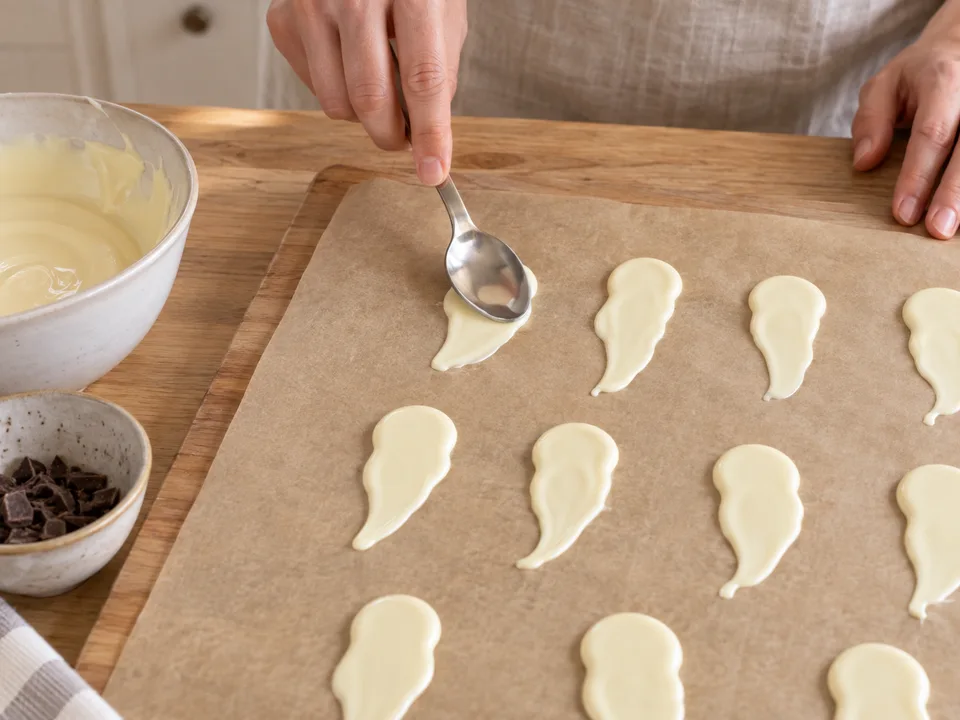 Kleine Kuvertüre-Kleckse mit dem Löffelrücken zu länglichen Geisterformen ausstreichen.
