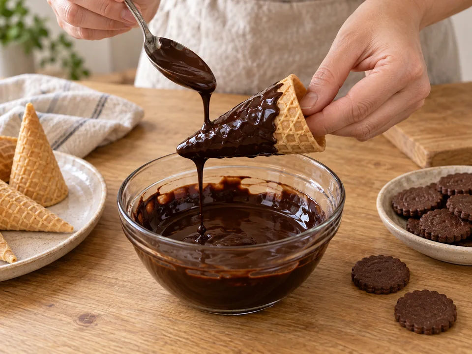 Die Mini-Waffeln außen dünn mit dunkler Glasur überziehen und kurz abtropfen lassen.