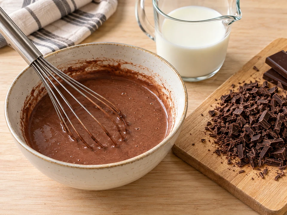 Stärke und Kakao mit kalter Milch glatt rühren.