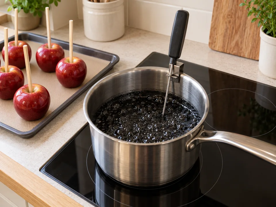 Den Sirup ohne weiteres Rühren kochen und mit dem Zuckerthermometer kontrollieren; die Sonde darf den Topfboden nicht berühren.
