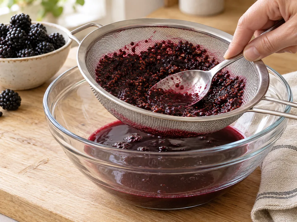 Die gekochten Brombeeren passieren und die dunkle Basis vollständig abkühlen lassen.