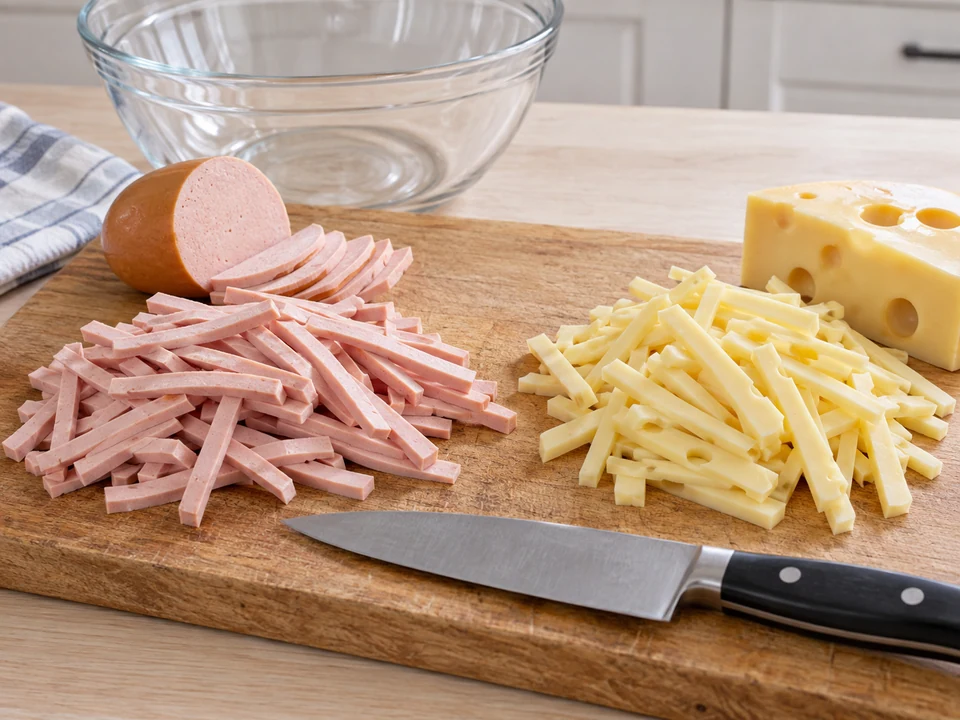 Wurst und Emmentaler in feine Streifen schneiden.