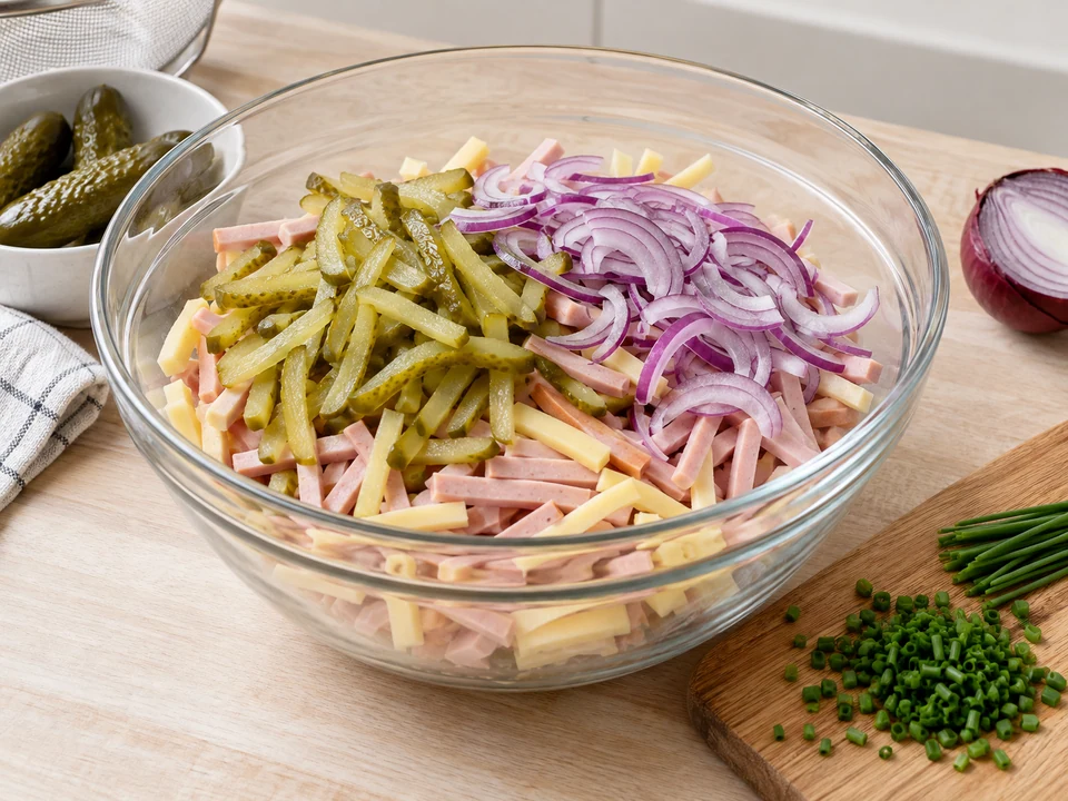 Gurkenstifte und feine Zwiebelringe ergänzen.